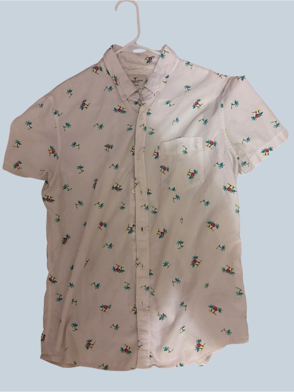 American Eagle White Tropical Short-Sleeve Button-Up Shirt